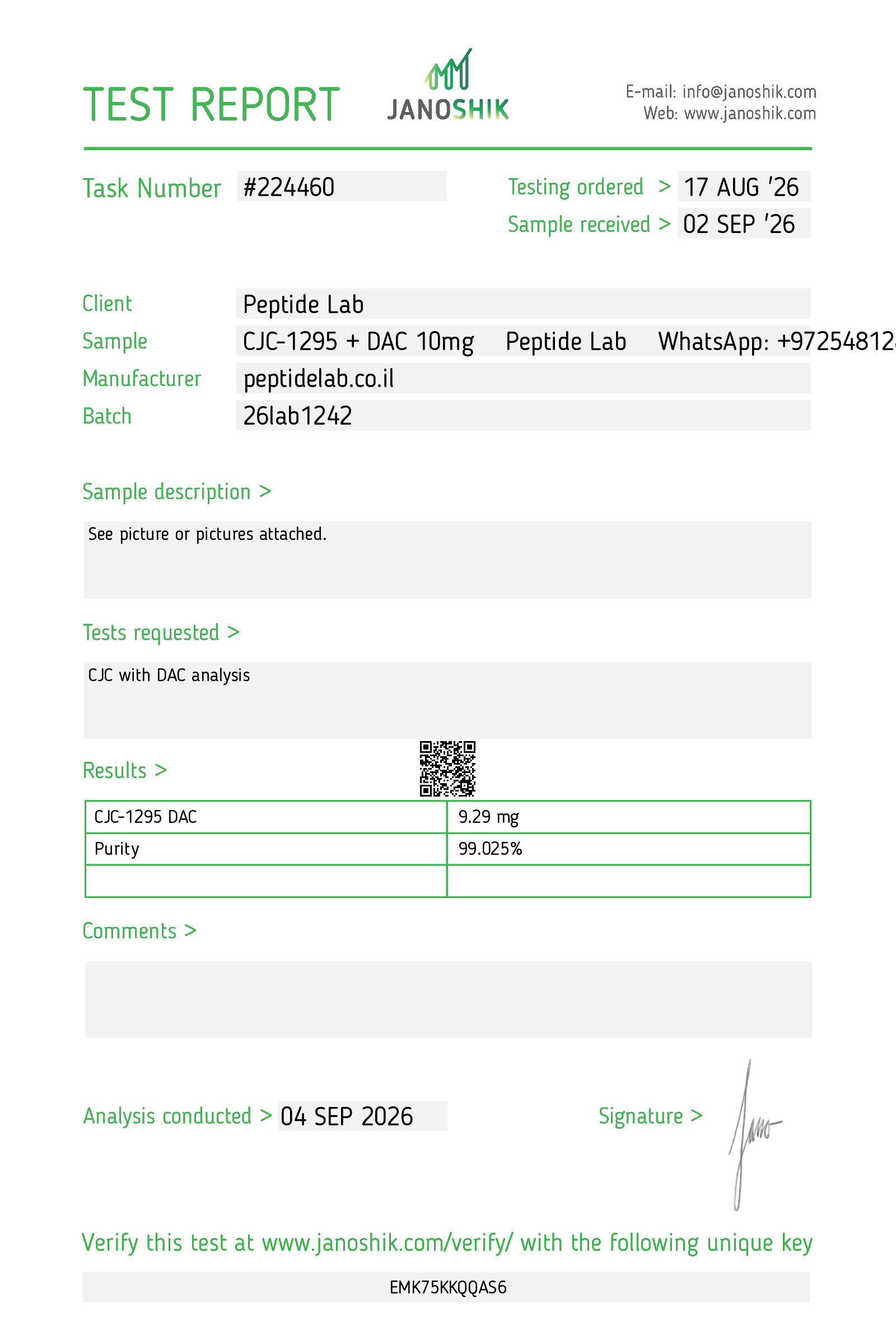 תעודת אנליזה (COA) CJC-1295 + DAC — Janoshik