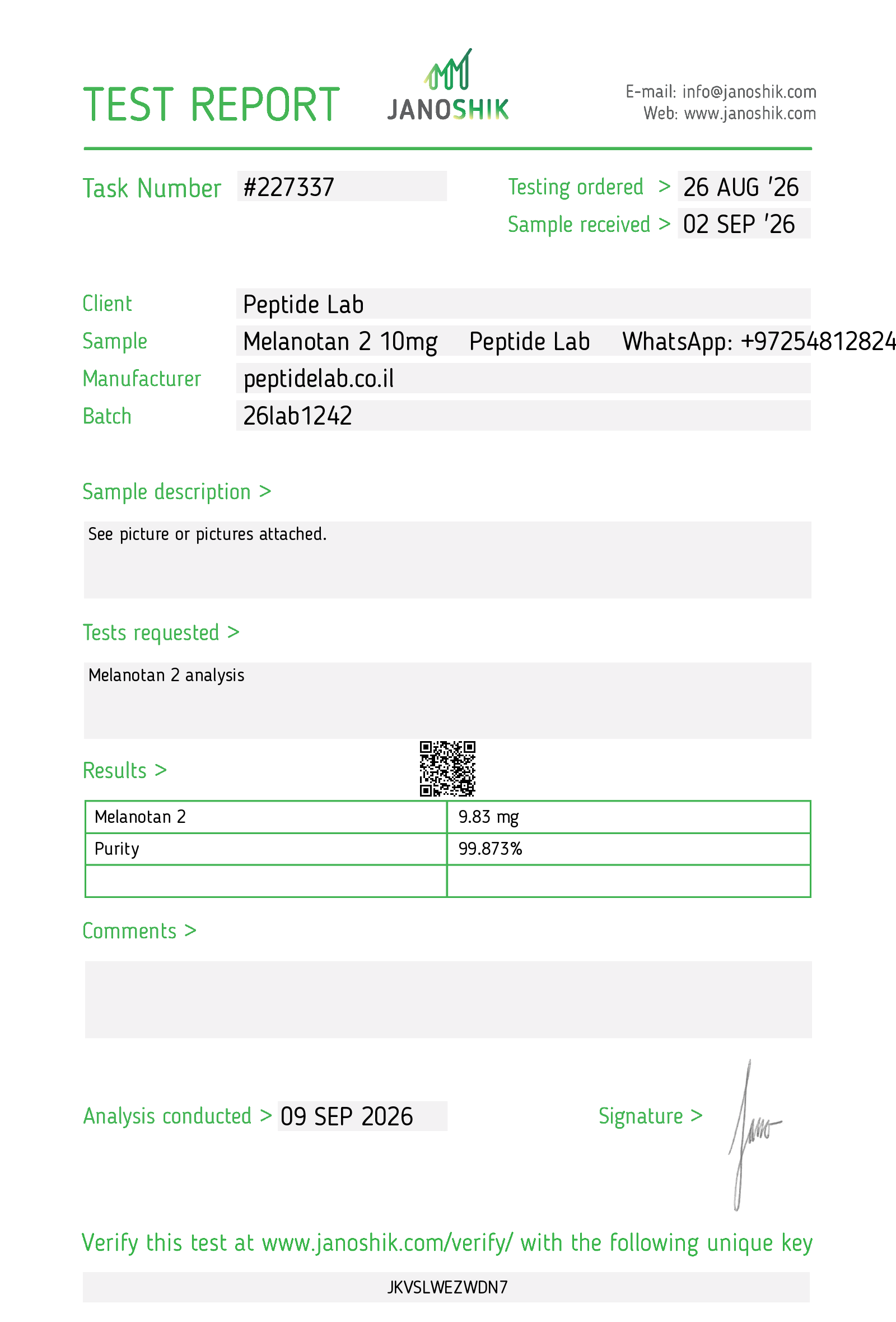 תעודת אנליזה (COA) Melanotan 2 — Janoshik