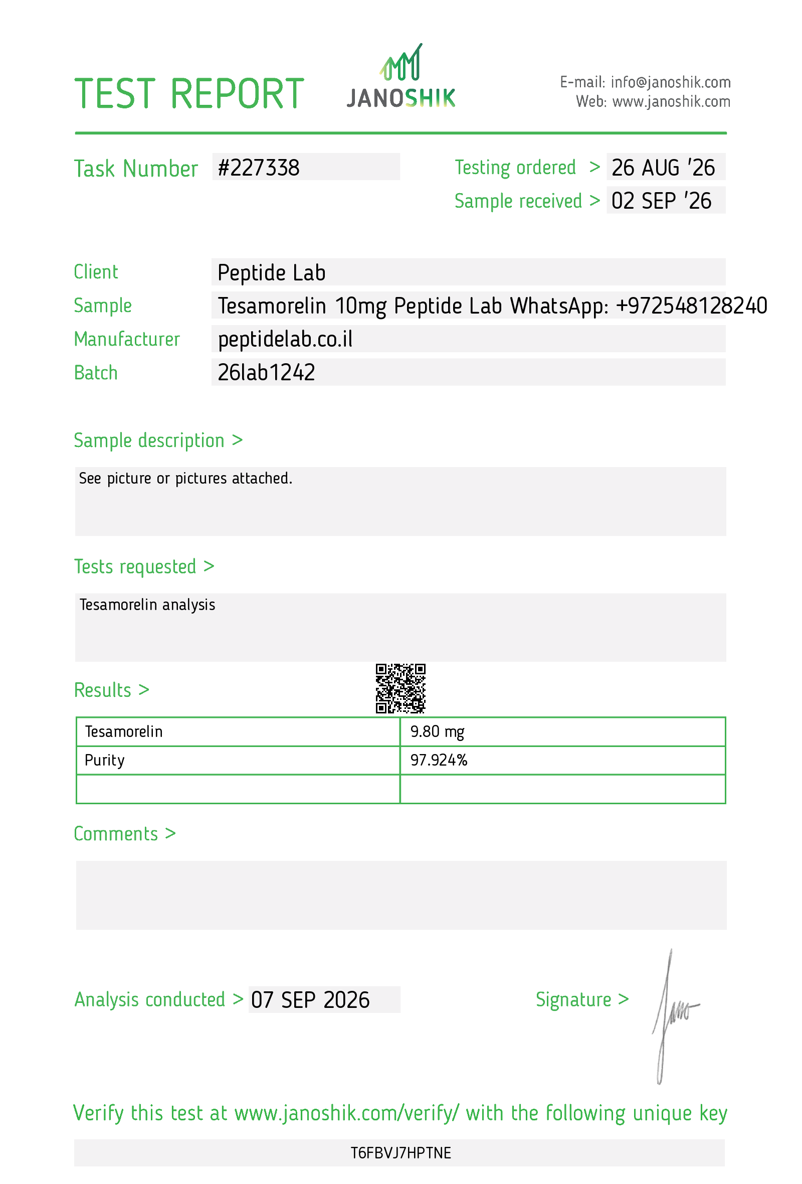 תעודת אנליזה (COA) Tesamorelin — Janoshik
